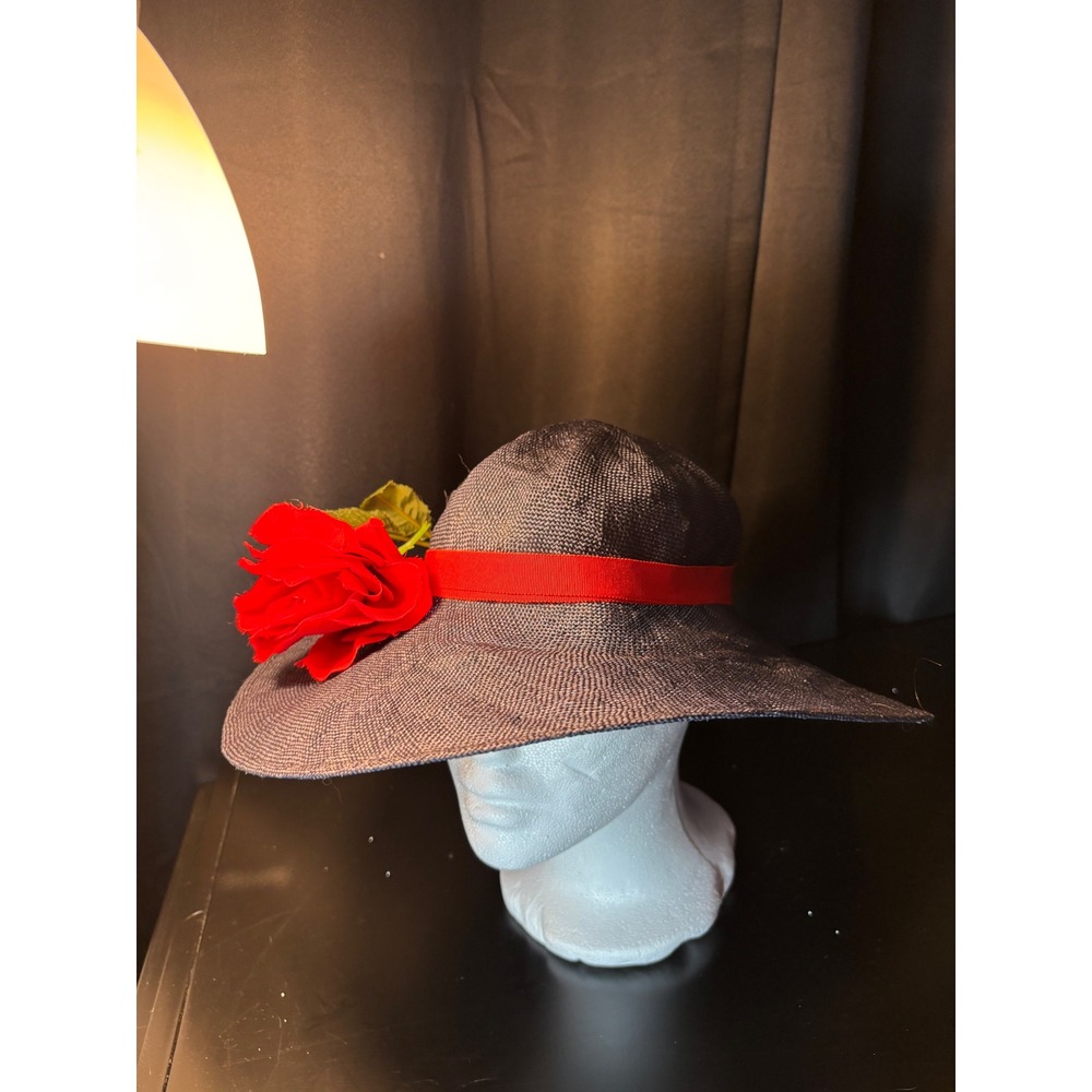 Career Collection Navy Blue Wide Brim Sun‎ Hat Red Rose Accent Straw Style Hat